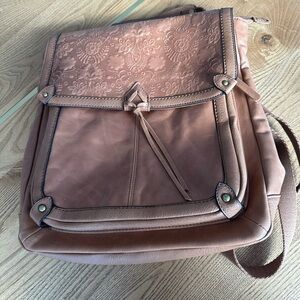 Tan Leather Backpack with Textured Flap and Adjustable Strap